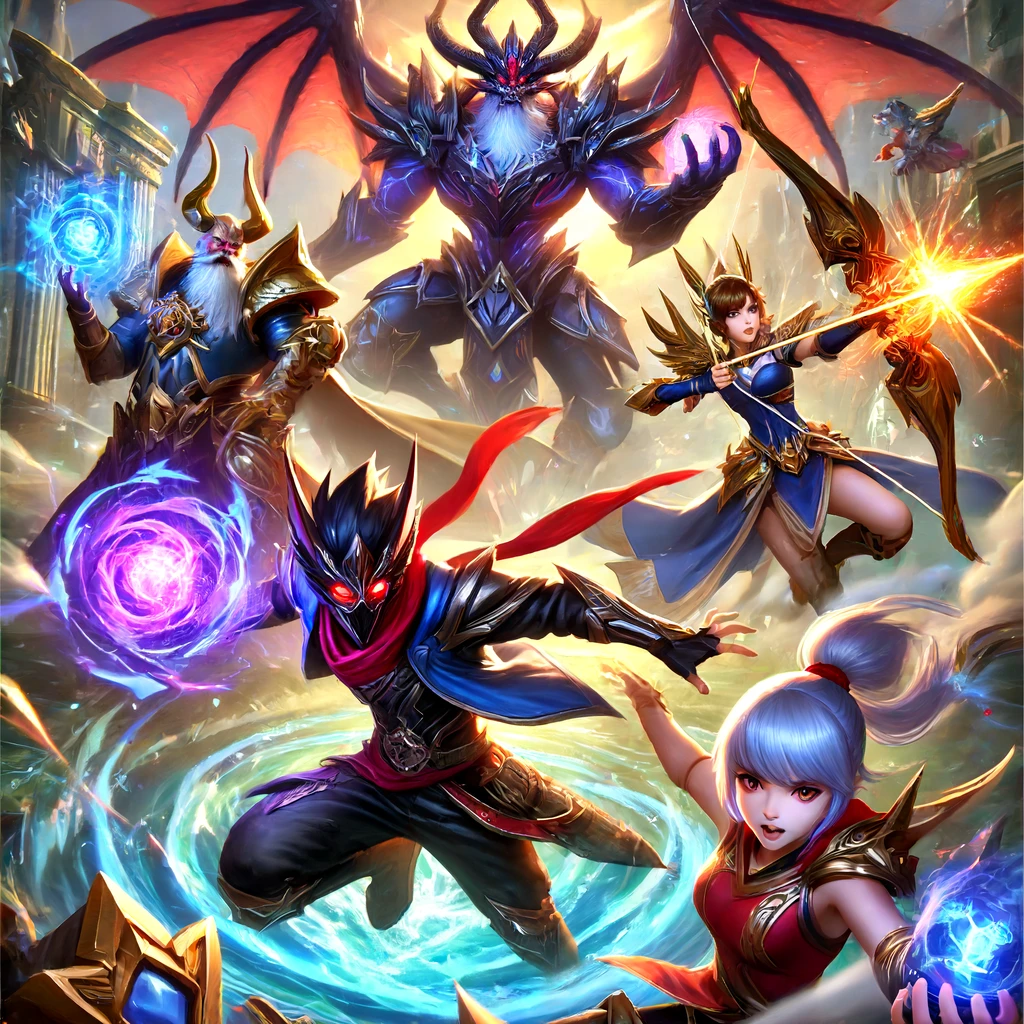 Panduan bermain Mobile Legends untuk pemula dengan ilustrasi hero bertarung di arena, menunjukkan aksi dan strategi permainan.
